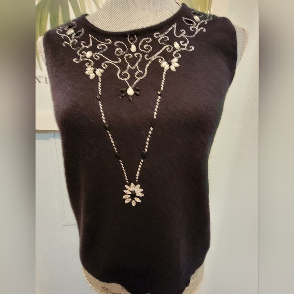 *$400 OSCAR DE LA RENTA SILK WOOL RABHIT BLEND CRYSTAL BEADED EMBROID SWEATER M